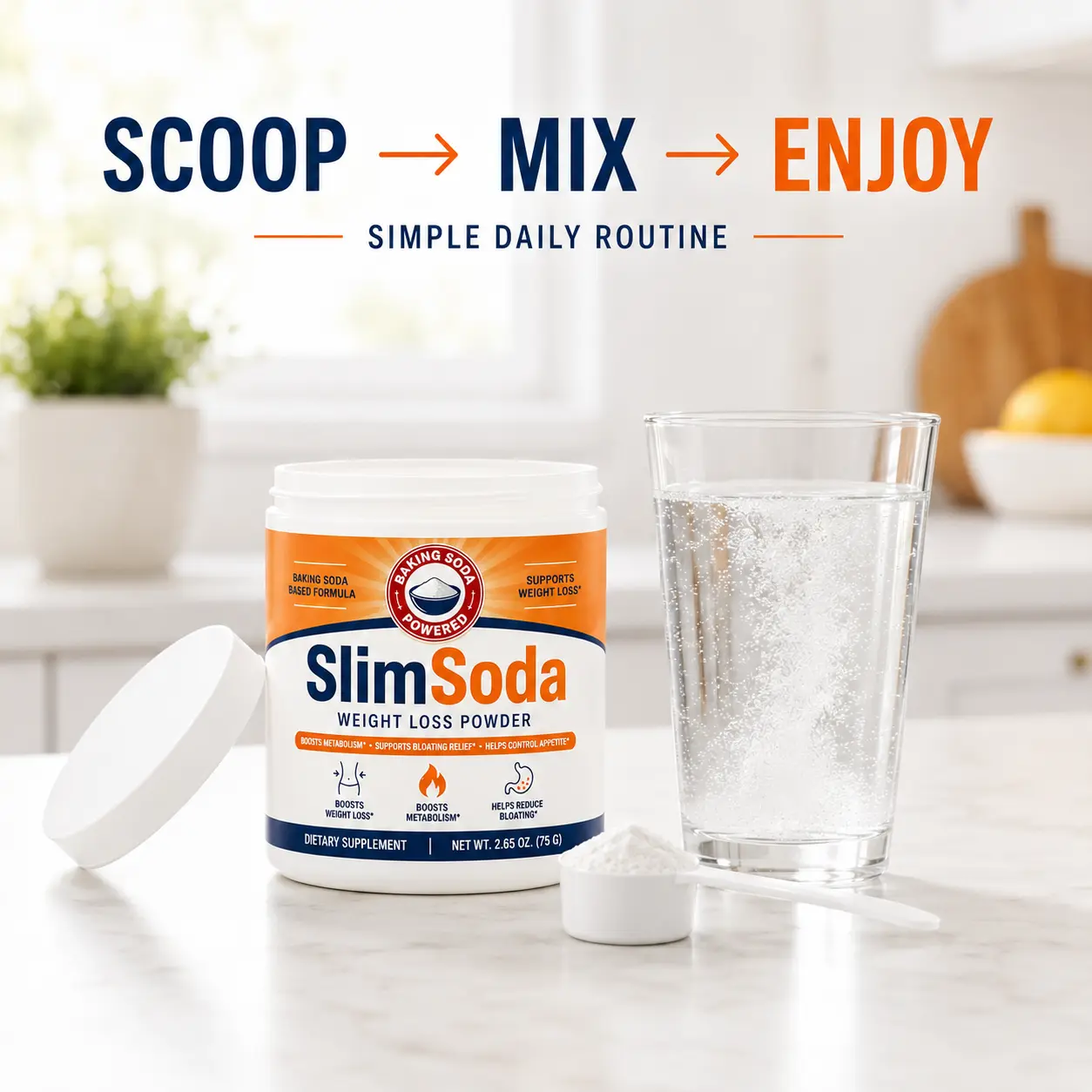 SlimSoda powder mixed into water as part of a simple daily routine